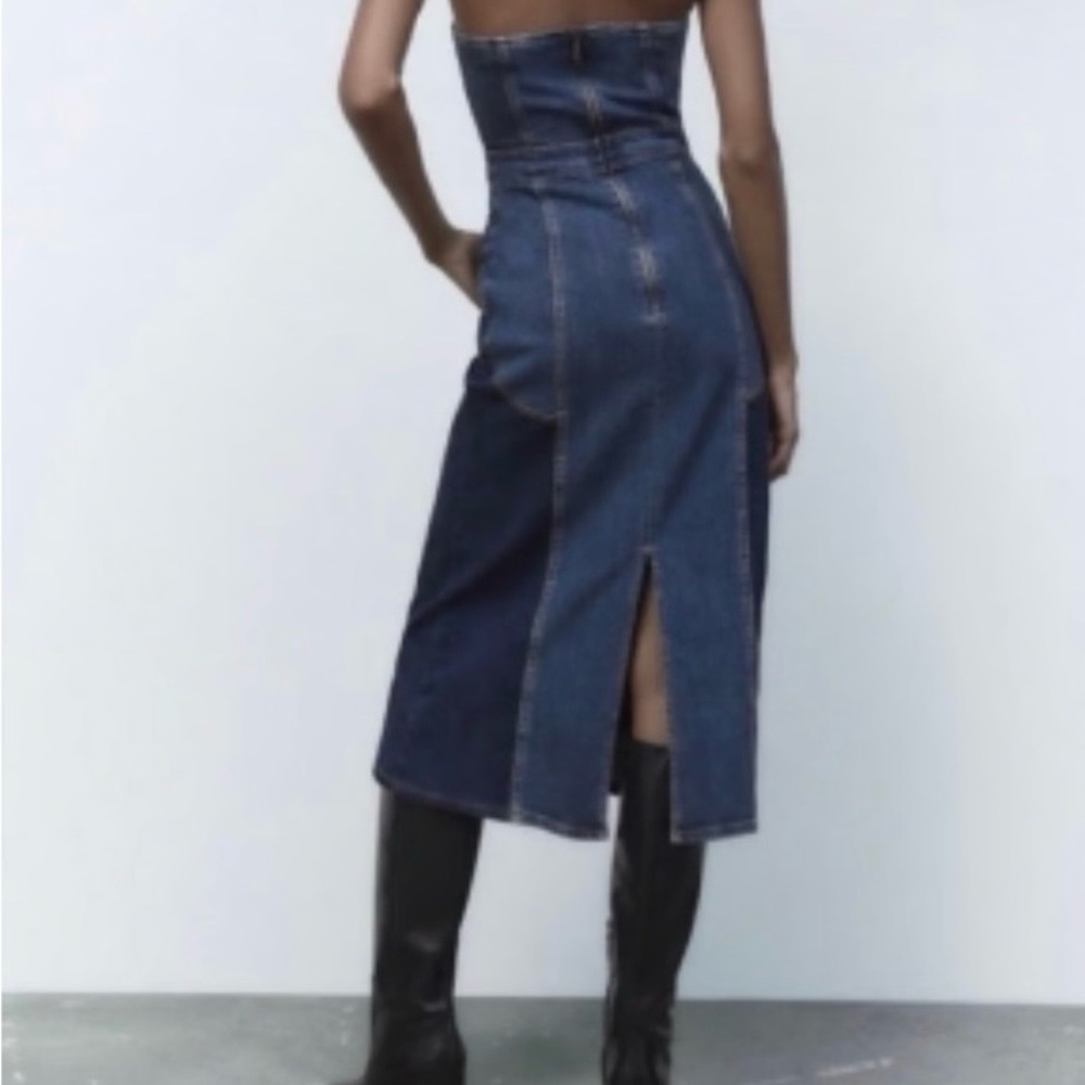 Zara Two-Tone Strapless Denim Midi Dress - Blue - Picture 2 of 3